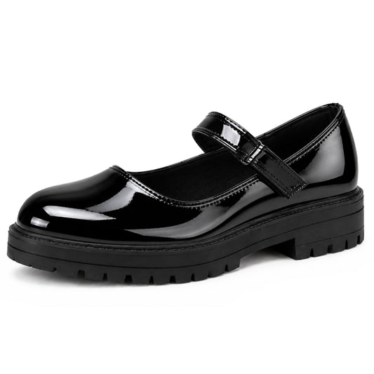 Girls' Black Patent Classic Mary Jane School Shoes Comfy, Non-Slip Uniform Shoes Round Toe with Adjustable Ankle Strap