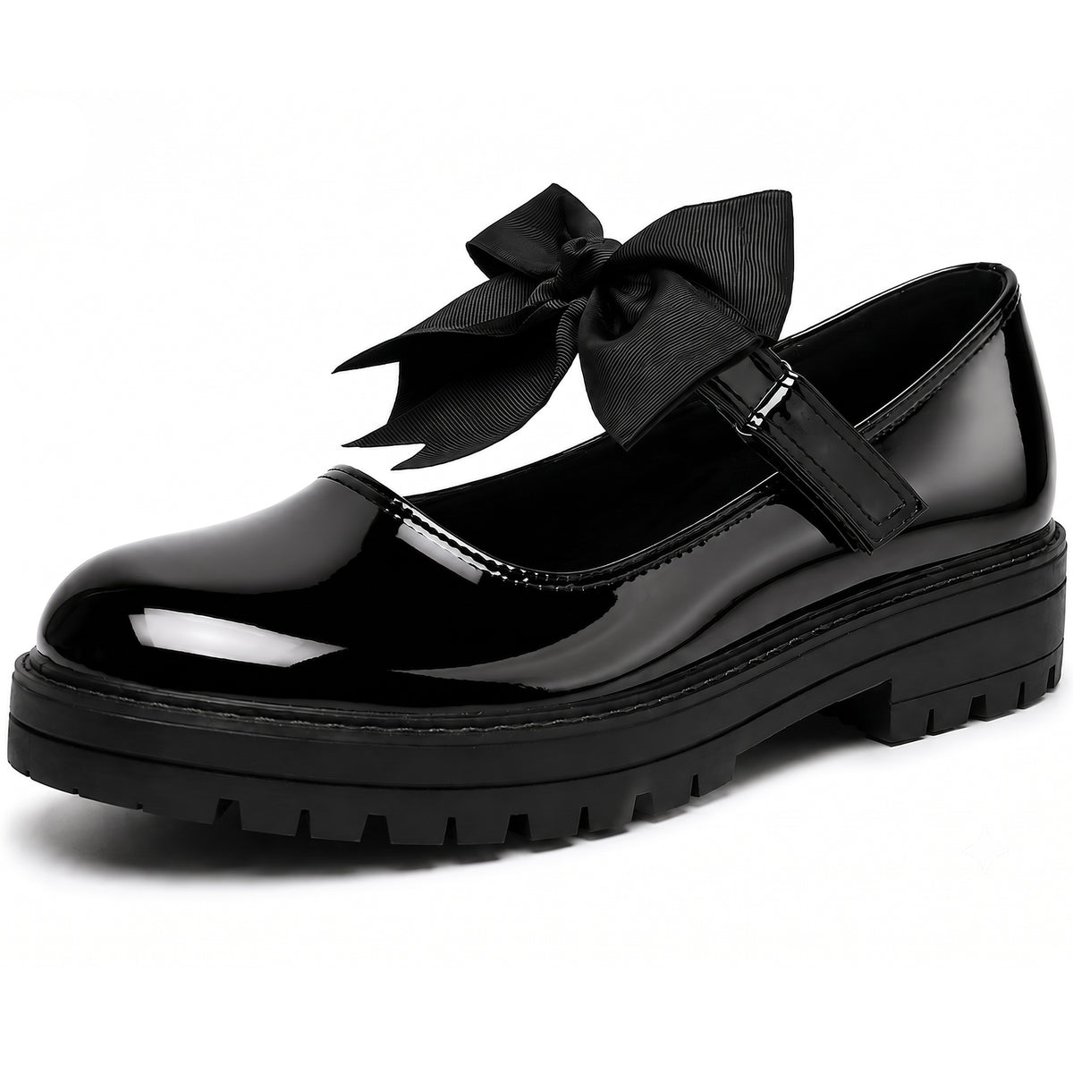 Girls Black Patent Mary Jane School Shoes Toddler & Kids Uniform Flats with Detachable Bow, Comfortable & Anti-Slip Shoes