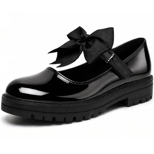 Girls Black Patent Mary Jane School Shoes Toddler & Kids Uniform Flats with Detachable Bow, Comfortable & Anti-Slip Shoes