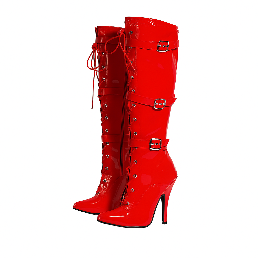 Women's High Heel Knee High Boots Lace Up Stiletto with 3 Buckles & Side Zip Edgy Punk Gothic Style Sexy Footwear UK 3-12