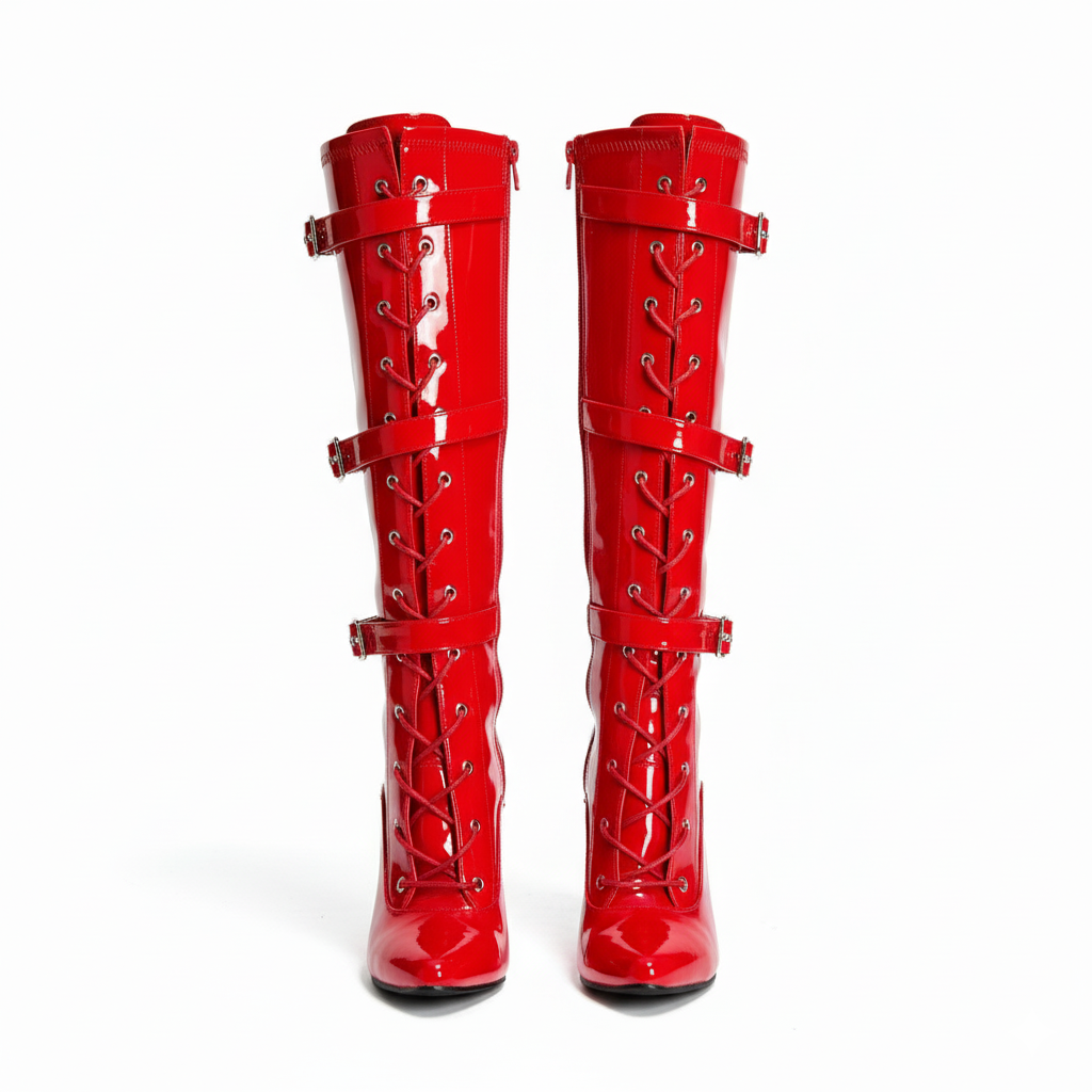 Women's High Heel Knee High Boots Lace Up Stiletto with 3 Buckles & Side Zip Edgy Punk Gothic Style Sexy Footwear UK 3-12