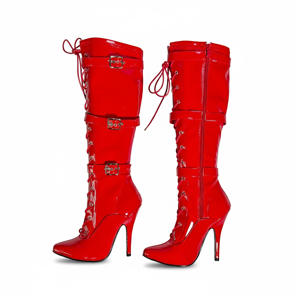 Women's High Heel Knee High Boots Lace Up Stiletto with 3 Buckles & Side Zip Edgy Punk Gothic Style Sexy Footwear UK 3-12