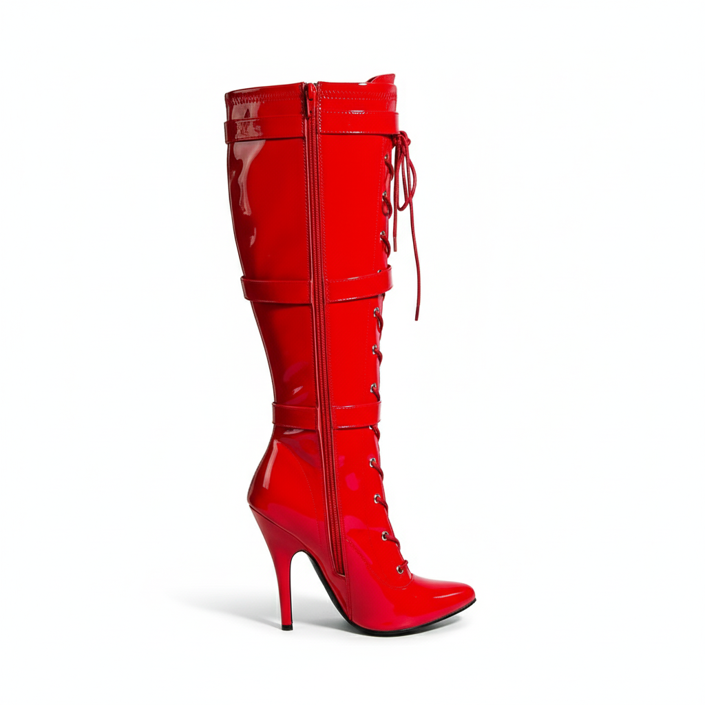 Women's High Heel Knee High Boots Lace Up Stiletto with 3 Buckles & Side Zip Edgy Punk Gothic Style Sexy Footwear UK 3-12