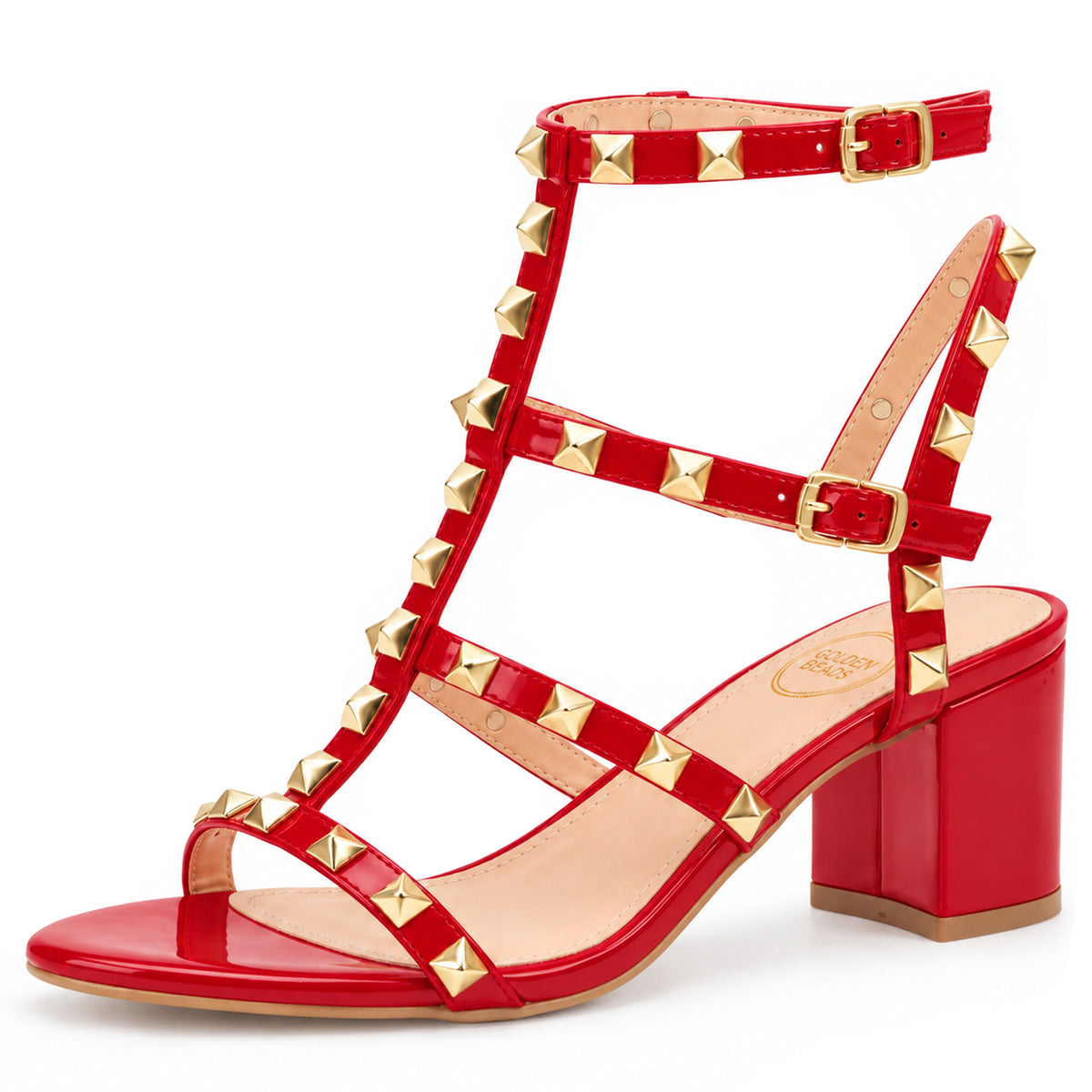 Womens ladies studded ankle strap rivet gladiators block mid heels point sandals