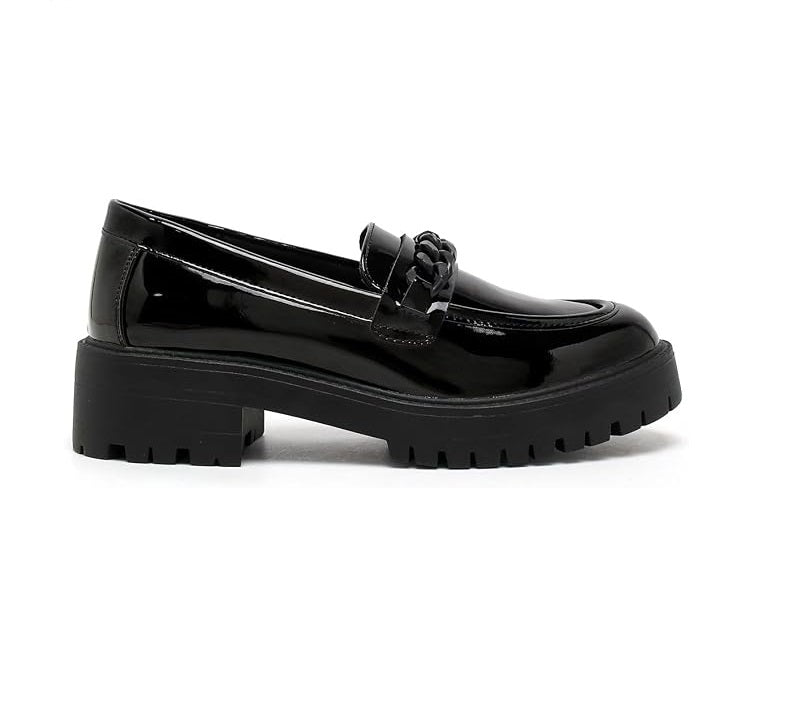 Premium Girls' Black Patent School Loafers – Comfy & Anti-Slip Uniform Shoes with Stylish Chain Detail for All-Day Wear