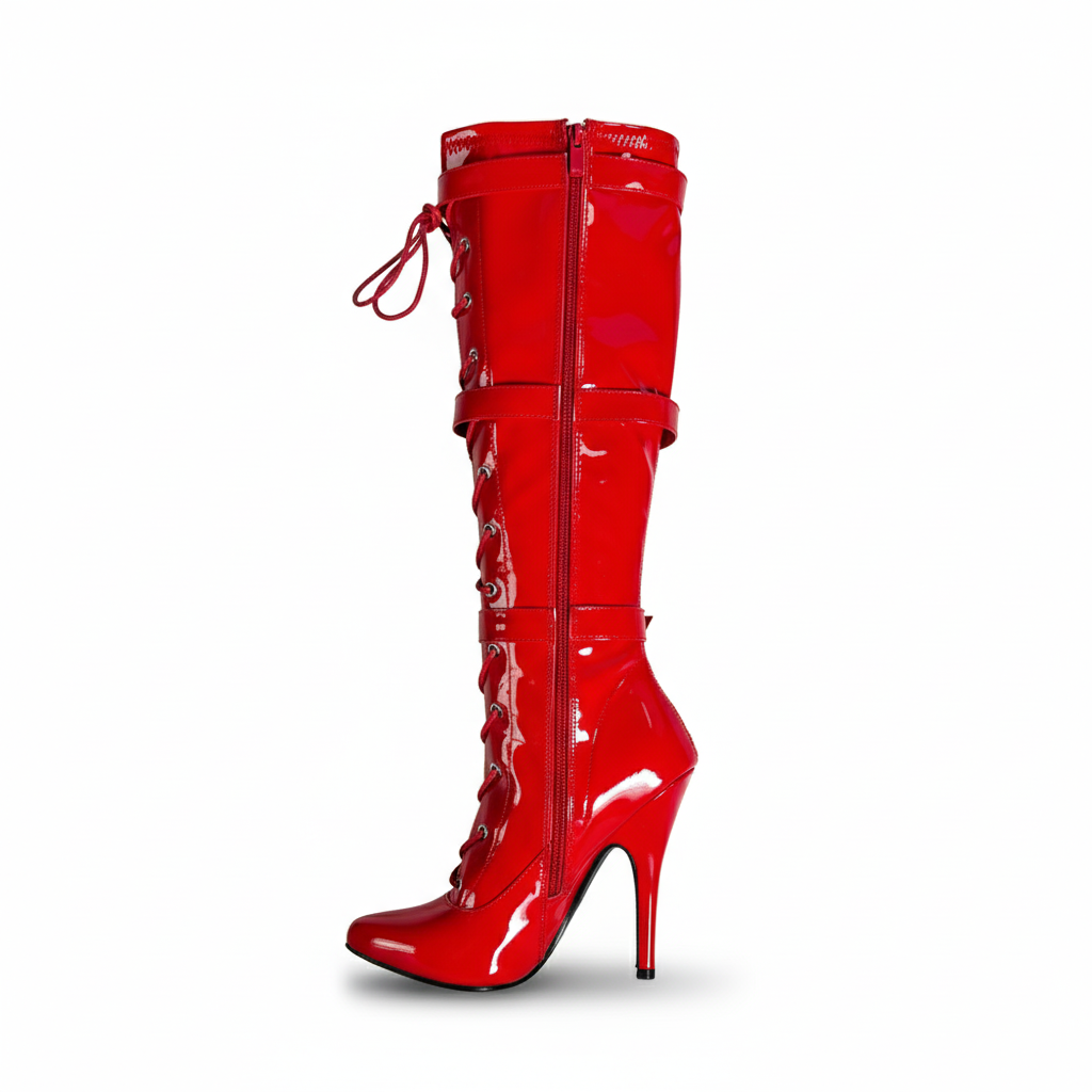 Women's High Heel Knee High Boots Lace Up Stiletto with 3 Buckles & Side Zip Edgy Punk Gothic Style Sexy Footwear UK 3-12